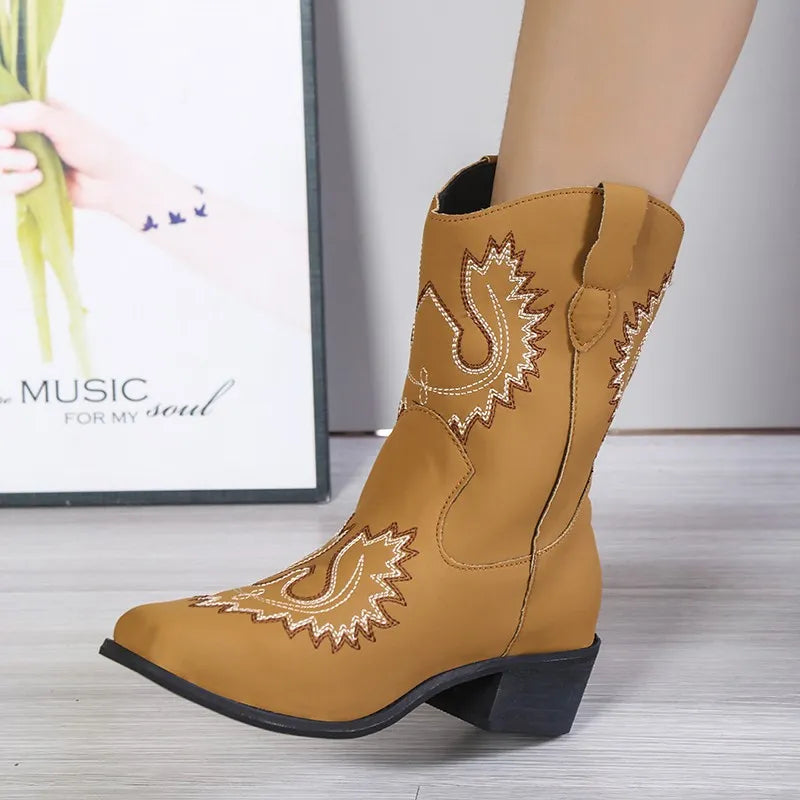 Samantha | Women’s Embroidered Mid Heel Western Boots