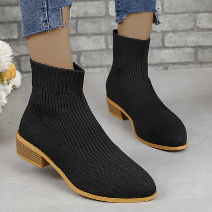 Violet | Women’s Pointed Toe Chunky Heel Knit Ankle Boots