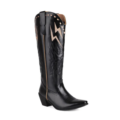 Blair | Women’s Lightning Embroidered Knee-High Boots – Fashionable & Eye-Catching