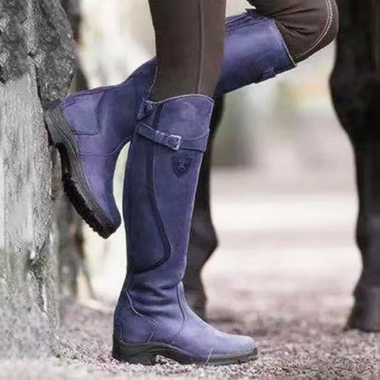 Women’s Knee-High Boots – Slim Fit – Water-Resistant Suede Look – Strap Buckle Detail