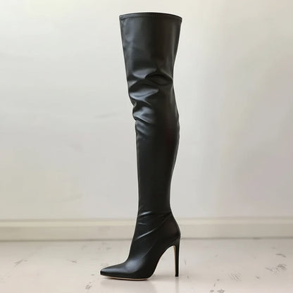 Women's Overknee Boots - Leather - Pointed Toe - Stiletto Heel - Elegant Fit