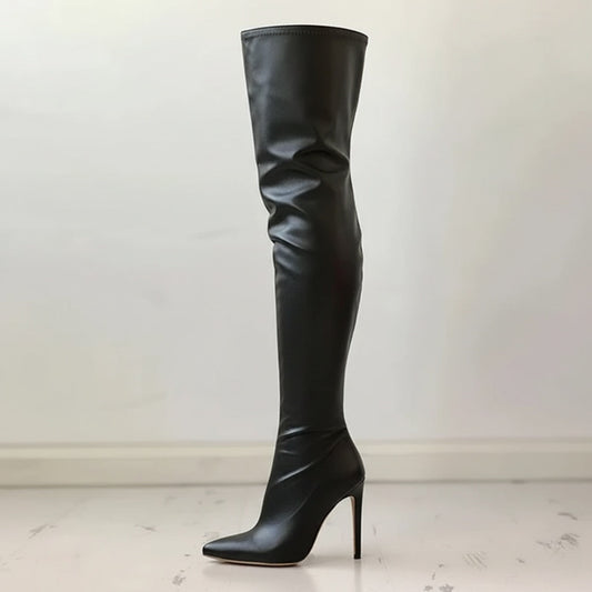 Women's Overknee Boots - Leather - Pointed Toe - Stiletto Heel - Elegant Fit