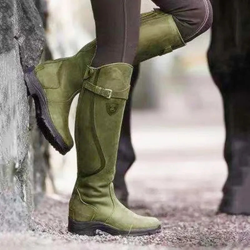 Women’s Knee-High Boots – Slim Fit – Water-Resistant Suede Look – Strap Buckle Detail