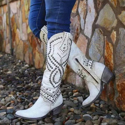 Women’s Knee-High Leather Boots – Thick Heel – Rivet Studded – Zipper Closure