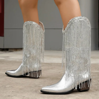 Claire | Women’s Fringe Metallic High Heel Boots