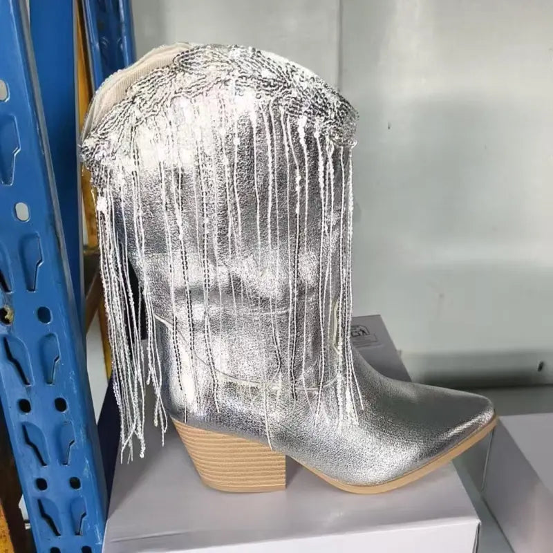 Claire | Women’s Fringe Metallic High Heel Boots
