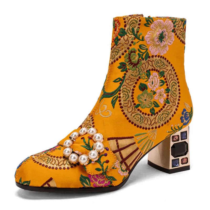 Zara | Women’s Ethnic Embroidered Chunky Heel Ankle Boots