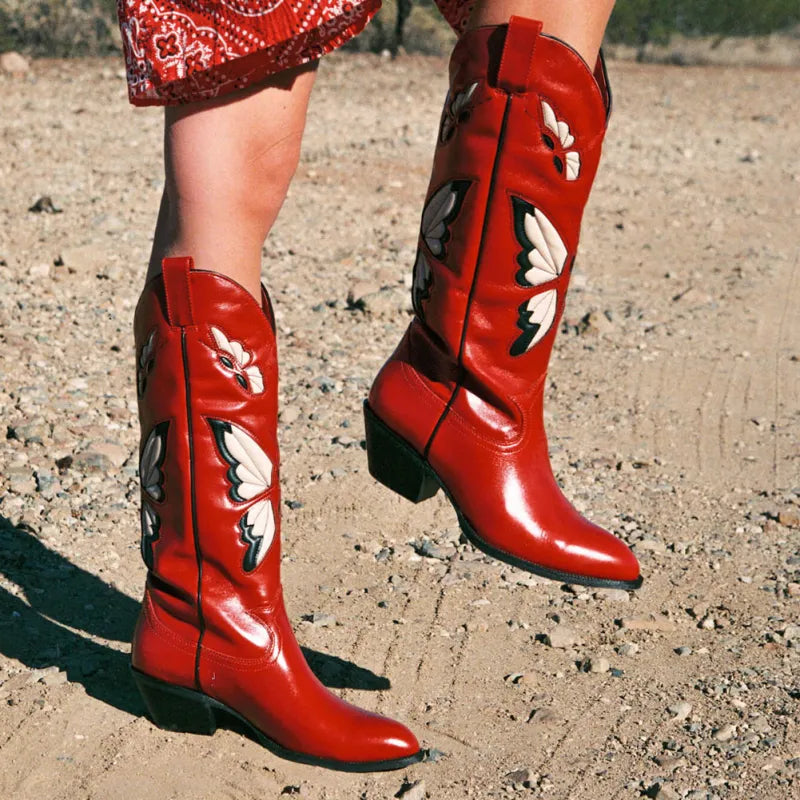 Ruby | Women’s Stylish Butterfly Design Mid-Heel Knee-High Boots