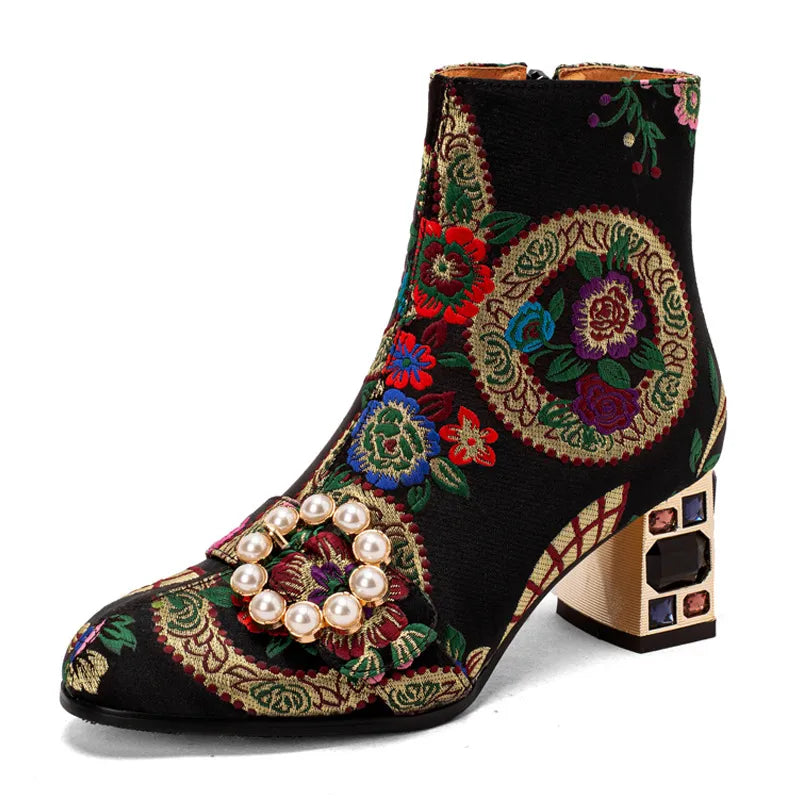 Zara | Women’s Ethnic Embroidered Chunky Heel Ankle Boots