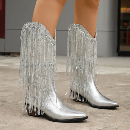 Claire | Women’s Fringe Metallic High Heel Boots