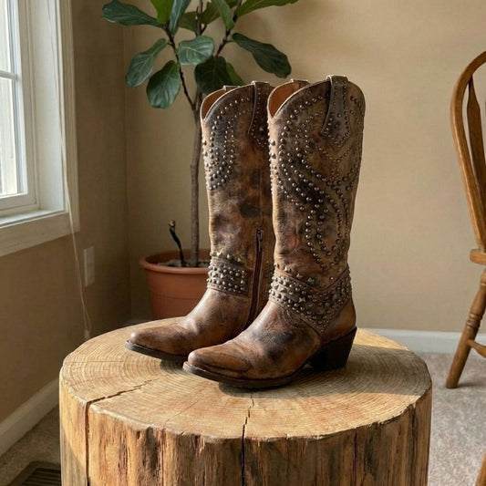 Women’s Knee-High Leather Boots – Thick Heel – Rivet Studded – Zipper Closure