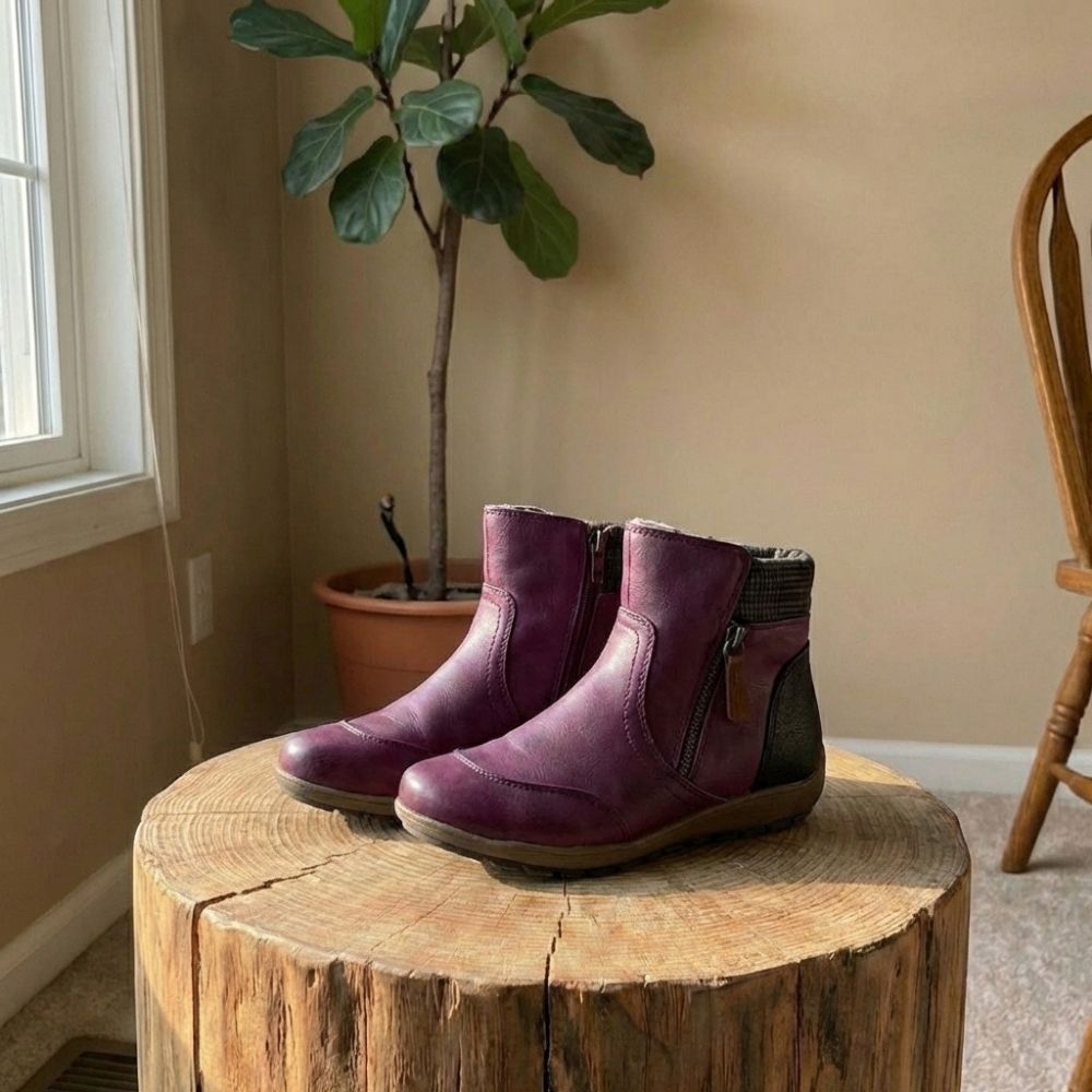 Ally | Women's Genuine Leather Ankle Boots with Plaid Cuff & Side Zipper