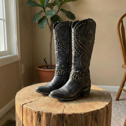 Women’s Knee-High Leather Boots – Thick Heel – Rivet Studded – Zipper Closure