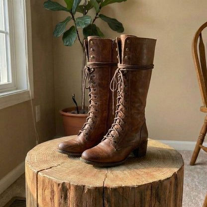 Amelia | Women’s Lace-Up Knee-High Boots with Block Heel