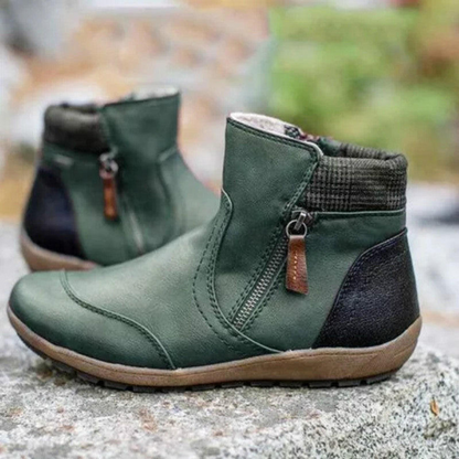 Ally | Women's Genuine Leather Ankle Boots with Plaid Cuff & Side Zipper