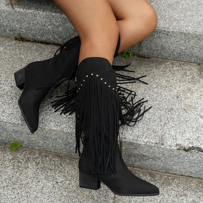 Bella | Women’s Fringe High Heel Boots with Studs