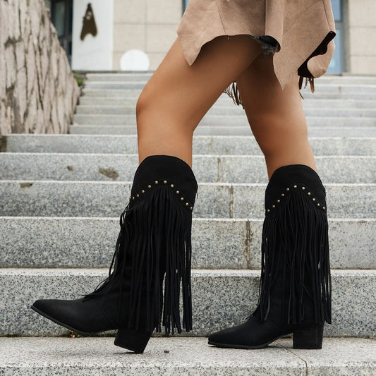 Bella | Women’s Fringe High Heel Boots with Studs