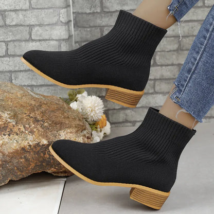 Violet | Women’s Pointed Toe Chunky Heel Knit Ankle Boots