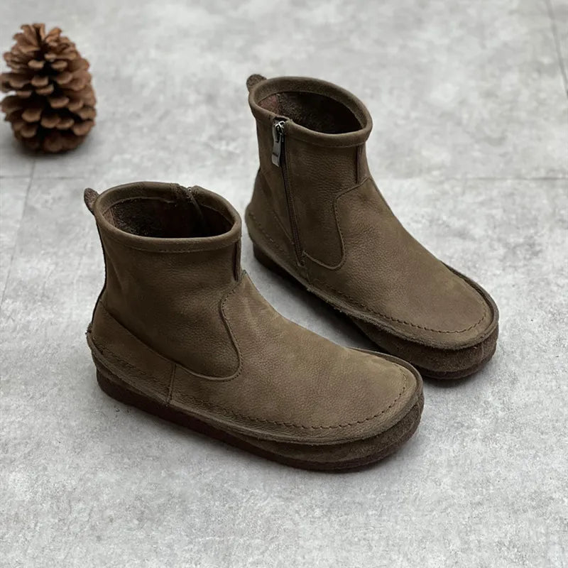 Julia | Women’s Vintage Leather Ankle Boots – Flat, Round Toe & Side Zipper
