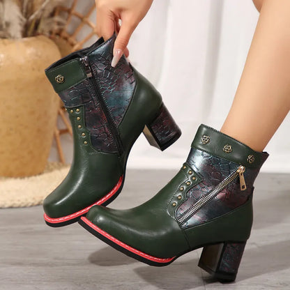 Ines | Women’s Chunky Heel Square Toe Ankle Boots – Rivet & Double Zipper Retro Style