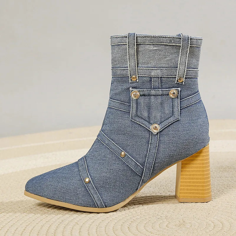 Lily | Denim Chunky Heel Ankle Boots