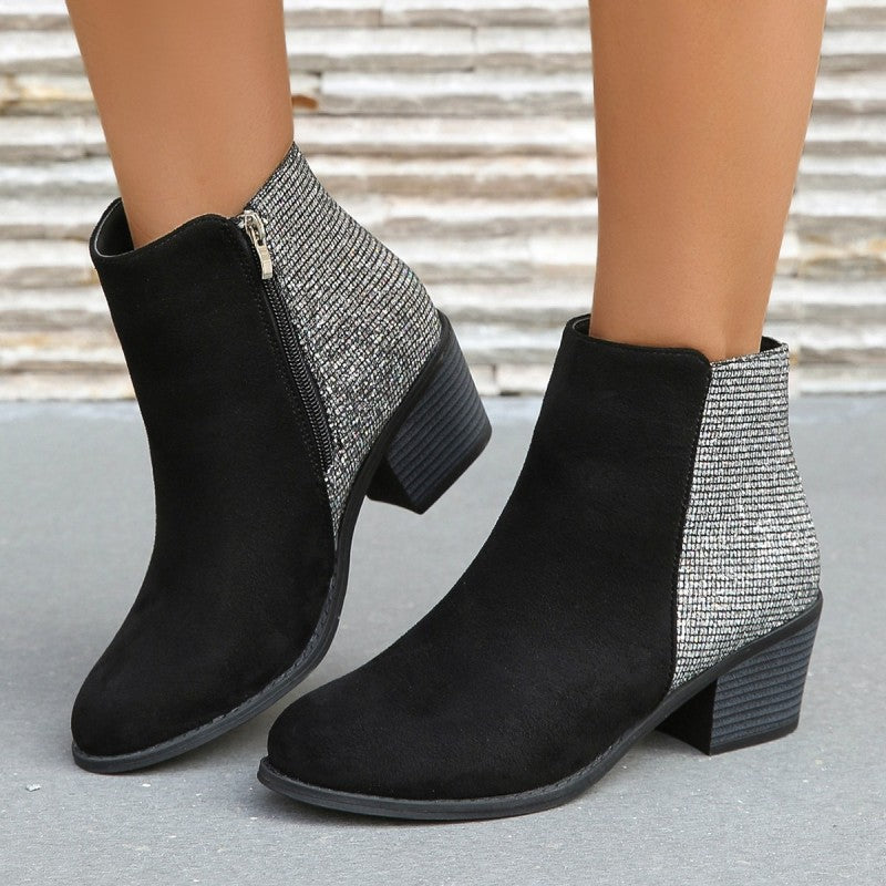 Bianca | Color-blocking Sequin Chunky Heel Plus Size Side Zip Short Boots Women