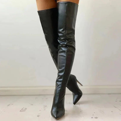 Women's Overknee Boots - Leather - Pointed Toe - Stiletto Heel - Elegant Fit