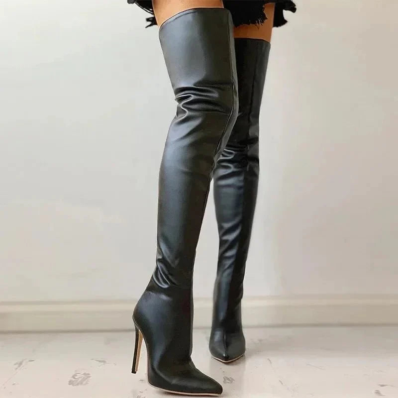 Women's Overknee Boots - Leather - Pointed Toe - Stiletto Heel - Elegant Fit
