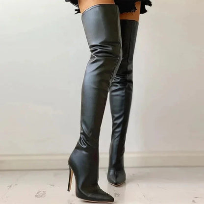 Women's Overknee Boots - Leather - Pointed Toe - Stiletto Heel - Elegant Fit