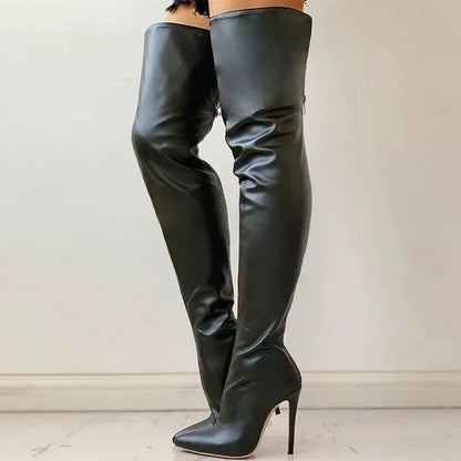 Women's Overknee Boots - Leather - Pointed Toe - Stiletto Heel - Elegant Fit