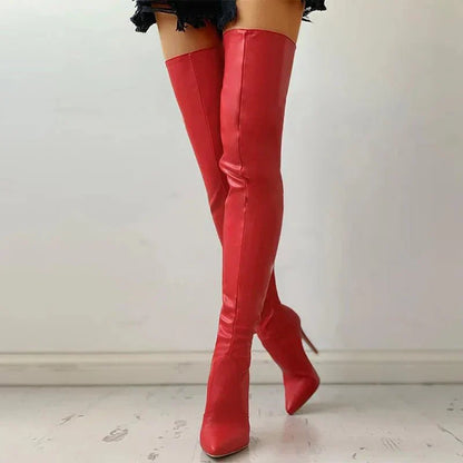 Women's Overknee Boots - Leather - Pointed Toe - Stiletto Heel - Elegant Fit